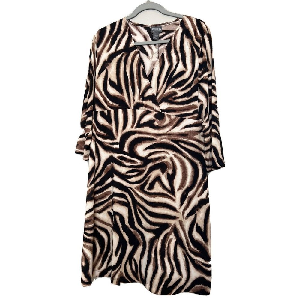 Chicos Additions Dress Womens Size L 2 Animal Print Brown Black Stretchy V-neck